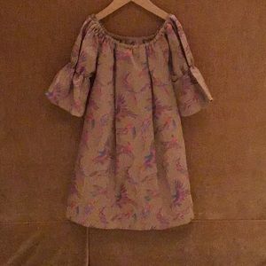 gold with blue pink and purple humming birds